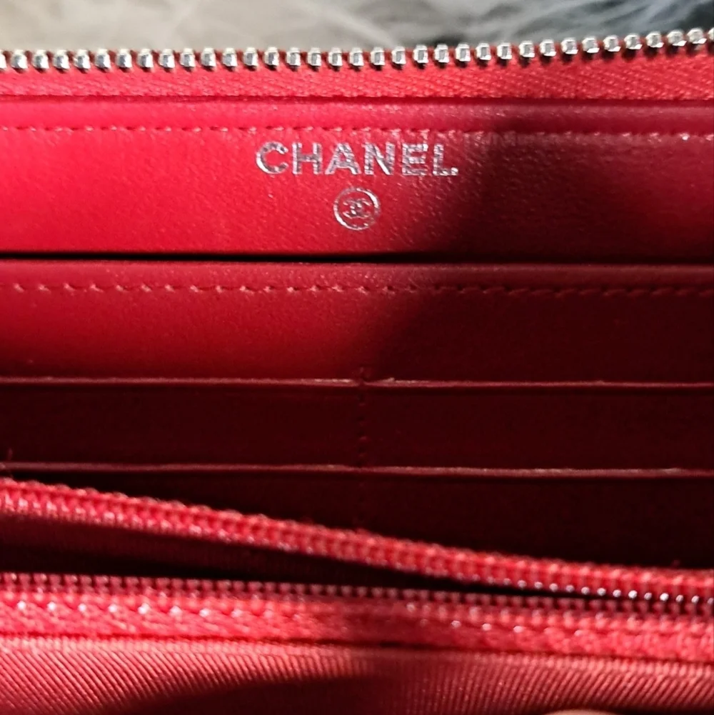 Chanel Red Quilted Cavier Zip Around Wallet With COA